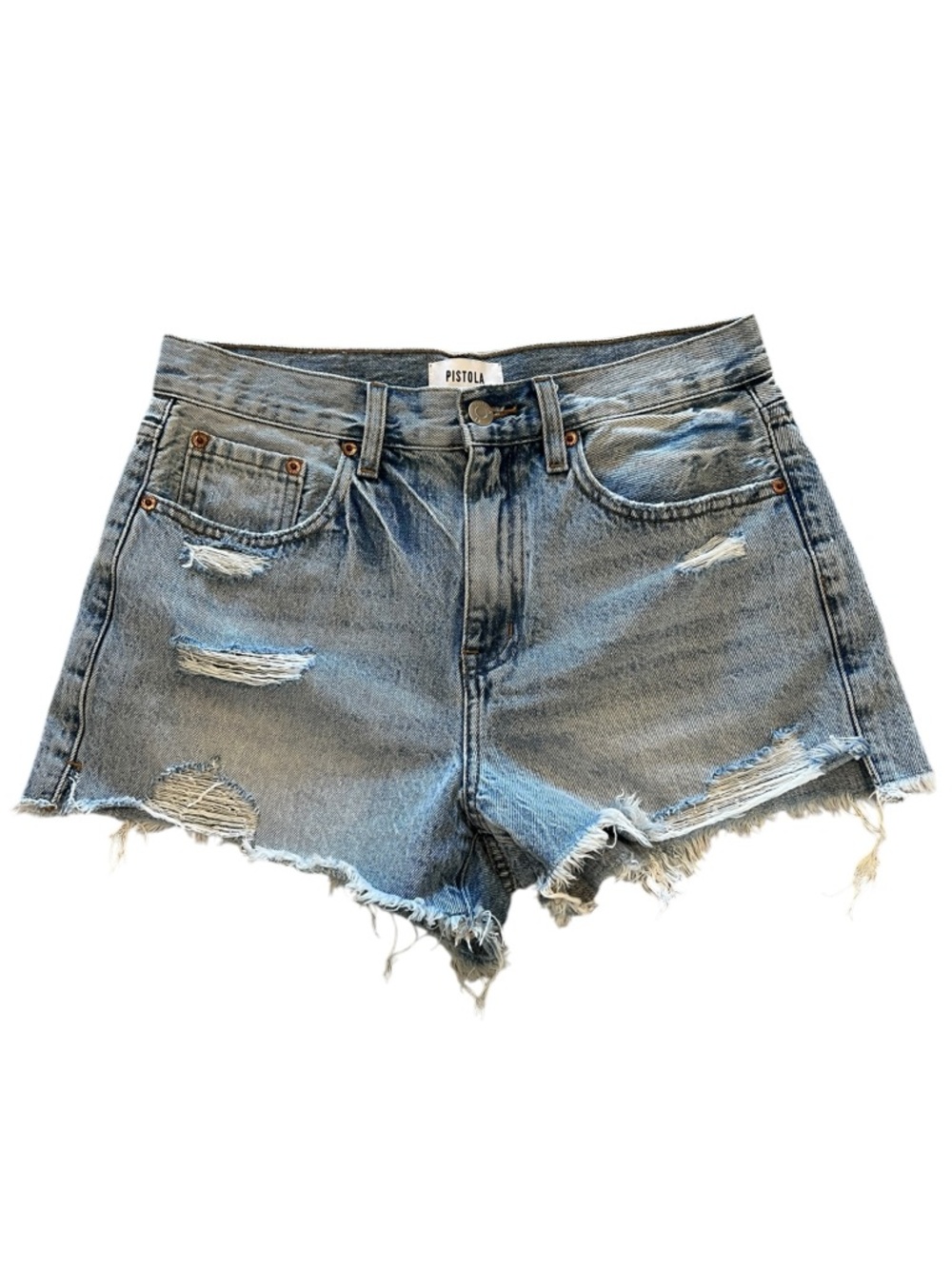 Pistola 100% Cotton Light Blue Wash Distressed Denim Frayed Hem Shorts- Size 27